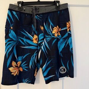 Quiksilver Blue and Orange Board Shorts Vibrant Tropical Design